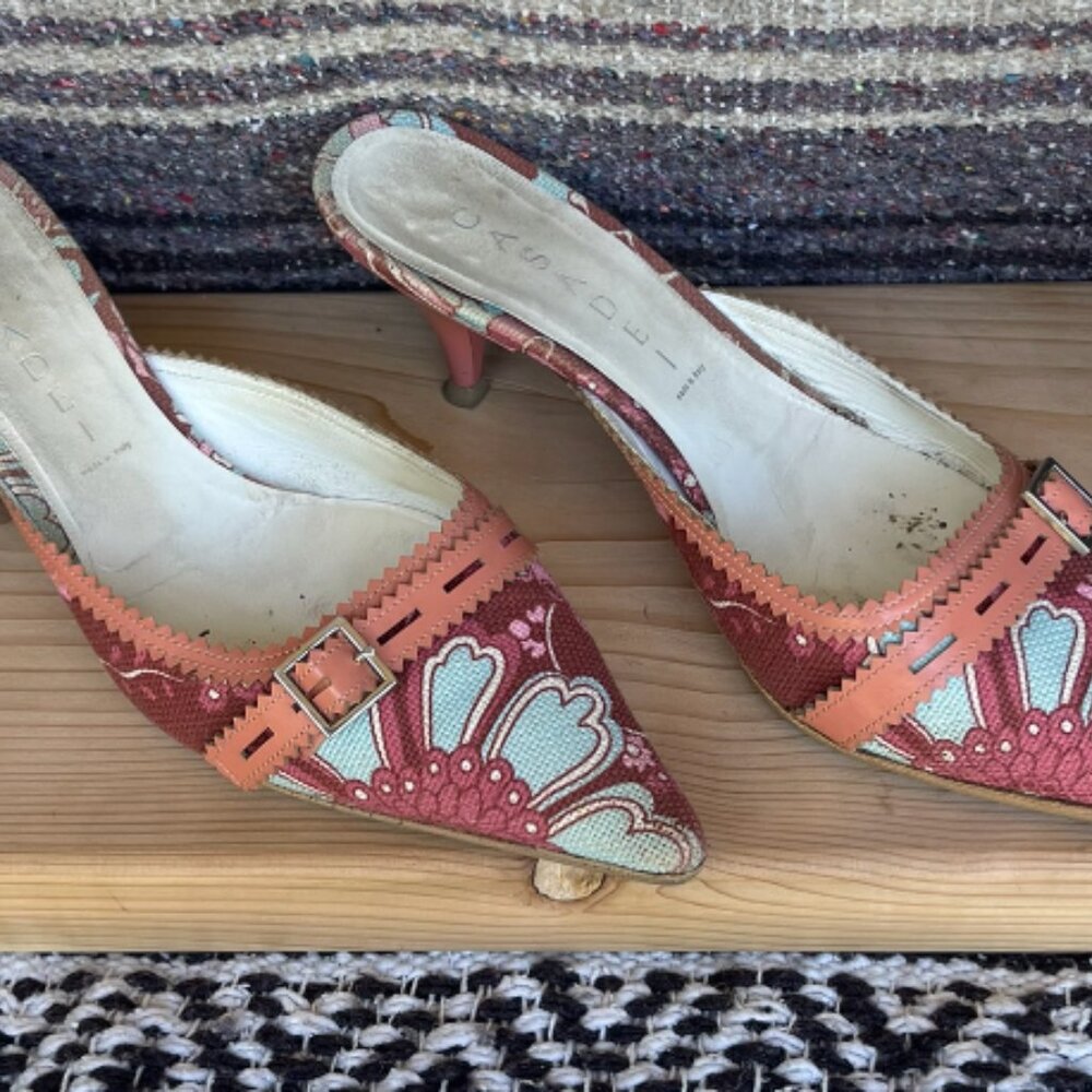 Casadei floral canvas and leather mule with box. Really good condition.